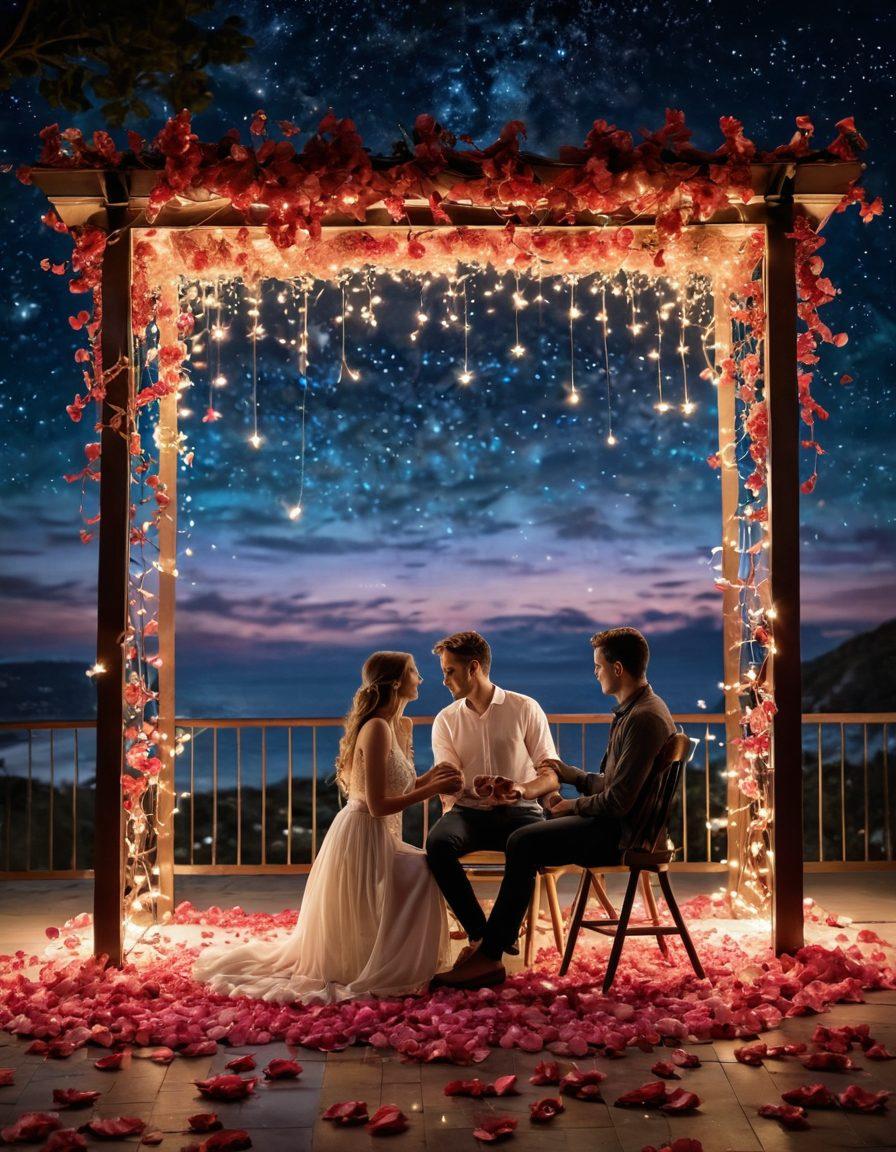 A captivating scene depicting a couple engaged in playful flirting under a starlit sky, surrounded by romantic elements like rose petals and dim fairy lights. The atmosphere radiates a sense of desire and intimacy, suggesting a blend of reality and fantasy. Soft, warm colors enhance the romance, while whimsical dream-like patterns swirl around them, reflecting their emotional connection. super-realistic. vibrant colors. enchanting backdrop.