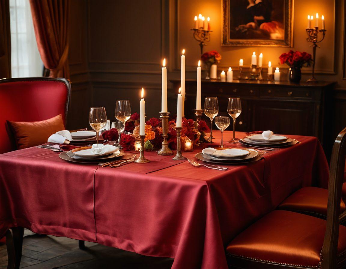 A sultry setting featuring an intimate candle-lit dinner for two, with rich textures like silk tablecloths and soft cushions. Include subtle, playful elements like entwined hands and soft, flirtatious smiles. The ambiance should radiate warmth, evoking romance and connection. Envelop the scene with deep reds and soft golds to enhance allure. 3D rendering. vibrant colors.