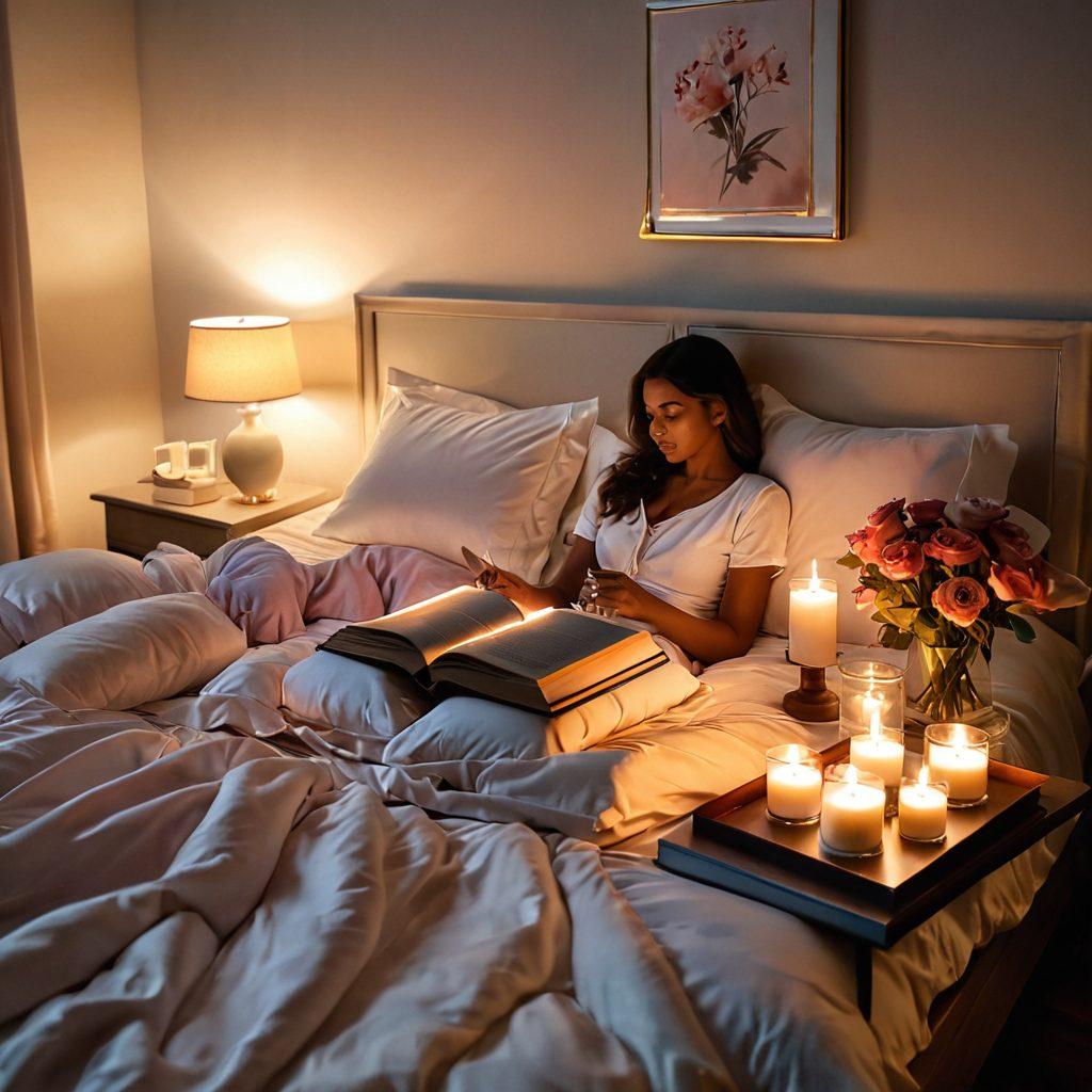 A cozy, intimate bedroom setting with soft, warm lighting casting gentle shadows. In the foreground, a beautifully arranged bed adorned with silky sheets and plush pillows invites exploration. A couple is playfully engaging in an open book titled 'Sexual Exploration' surrounded by soft candles and delicate rose petals. Subtle hints of connection and warmth are portrayed through their expressions. The color palette is warm and soothing, encouraging a sense of comfort and lovers' tranquility. super-realistic. warm colors. soft lighting.